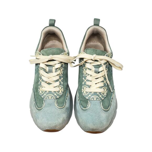 Tory Burch T Monogram Good Luck Trainer Suede Sneakers Blue Celadon Size US 9 - Picture 2 of 10